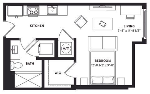 Floor plan for studio, 1 bath, 495 sqft